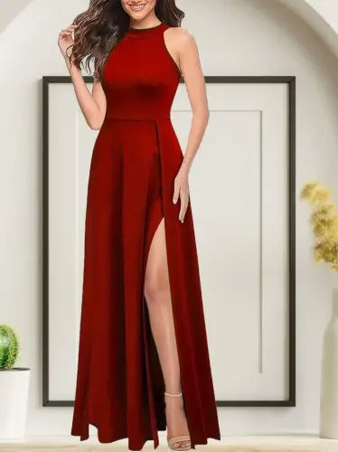 Kadınhalter Yaka Derin Yırtmaç Detaylı Tam Boy Ithal Krep Abiye Elbise - 3