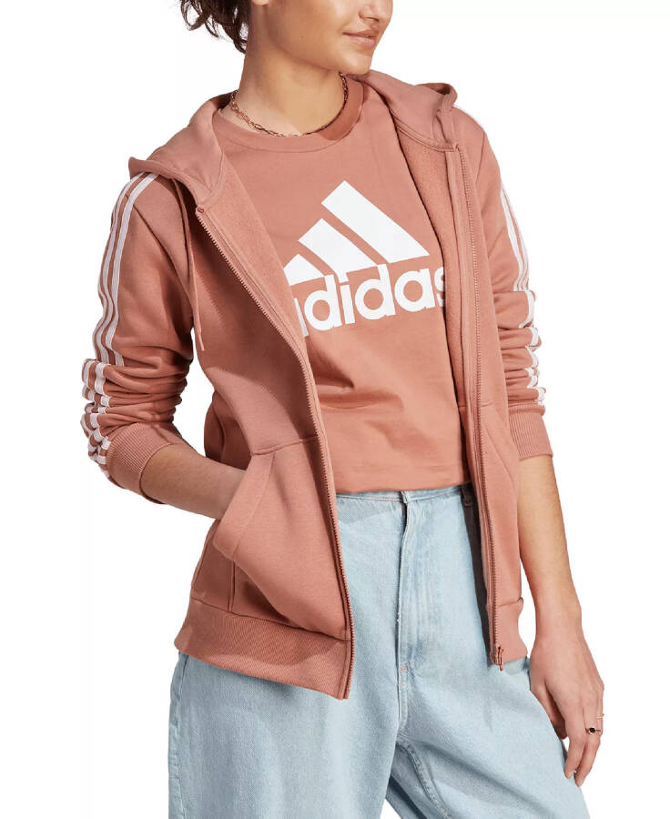 Kadınlar 3 Çizgili Pamuklu Polar Tam Fermuarlı Kapüşonlu Sweatshirt Clay Strata/Açık Pembe - 3