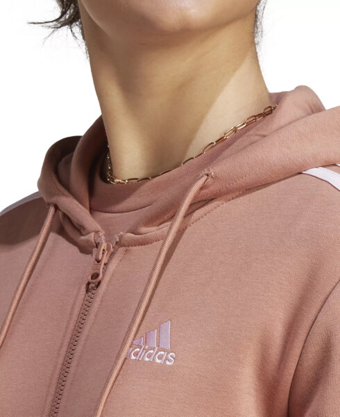 Kadınlar 3 Çizgili Pamuklu Polar Tam Fermuarlı Kapüşonlu Sweatshirt Clay Strata/Açık Pembe - 4