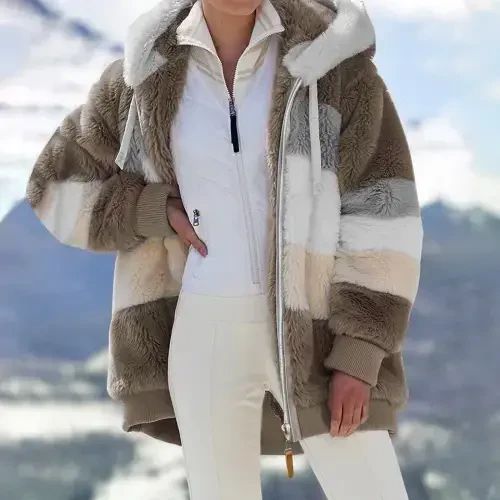 asdoklhq Womens Plus Size Coats Under $15.00,Ladies Winter Hooded Top Loose Long-sleeve Jacket Plush Coat with Zipper- - 3