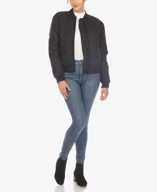 Women's Lightweight Diamond Quilted Puffer Bomber Jacket - Black - 5