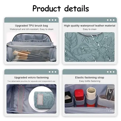 BOYATU Travel Makeup Bags Cosmetic Organizer Bag: 3-Set Large Capacity Make up Bag - PU Leather Toiletry Bags for Women - Wide Open Portable Pouch with Divider & Handle (01-Light Blue) - 4