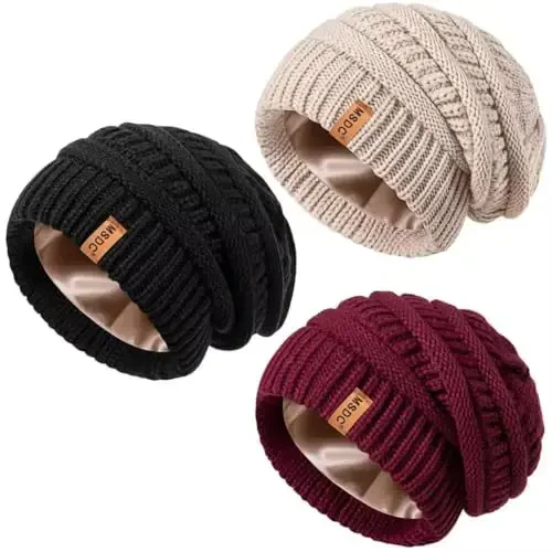 3 Pack Satin Lined Beanie for Women, Warm Slouchy Winter Hats with Silk Lined, Fashionable Oversized Cable Knit Hat Skull Cap - MSDC