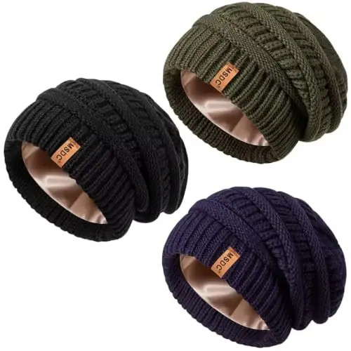 3 Pack Satin Lined Beanie for Women, Warm Slouchy Winter Hats with Silk Lined, Fashionable Oversized Cable Knit Hat Skull Cap 