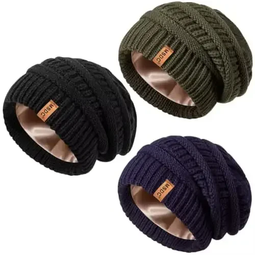 3 Pack Satin Lined Beanie for Women, Warm Slouchy Winter Hats with Silk Lined, Fashionable Oversized Cable Knit Hat Skull Cap - MSDC