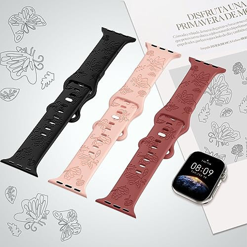 Kadınlar İçin 3'lü Şık Çiçek Desenli Oymalı Akıllı Saat Kayışı, Dayanıklı Yumuşak Silikon iWatch Kayışları Apple Watch Serisi 44mm 40mm 38mm 41mm 45mm 49mm 42mm Ultra 2 SE 9-1 ile Uyumlu - 29