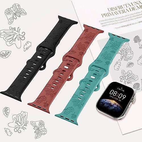 Kadınlar İçin 3'lü Şık Çiçek Desenli Oymalı Akıllı Saat Kayışı, Dayanıklı Yumuşak Silikon iWatch Kayışları Apple Watch Serisi 44mm 40mm 38mm 41mm 45mm 49mm 42mm Ultra 2 SE 9-1 ile Uyumlu - 23