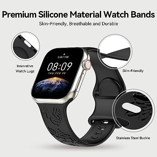 Kadınlar İçin 3'lü Şık Çiçek Desenli Oymalı Akıllı Saat Kayışı, Dayanıklı Yumuşak Silikon iWatch Kayışları Apple Watch Serisi 44mm 40mm 38mm 41mm 45mm 49mm 42mm Ultra 2 SE 9-1 ile Uyumlu - 24