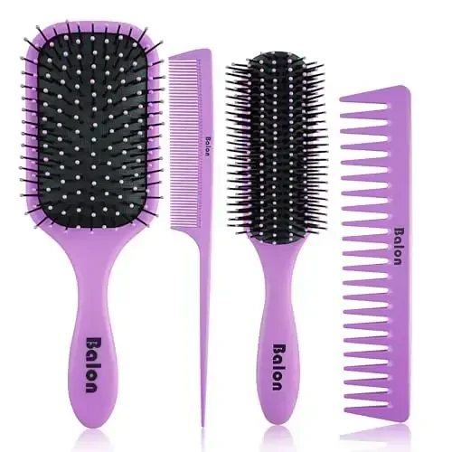 4Pcs Detangling Hair Brush Set for Women - Paddle Brush for Wet or Dry, No More Tangles for Straight, Long, Thick, Curly, and Natural Hair (Purple) - 1