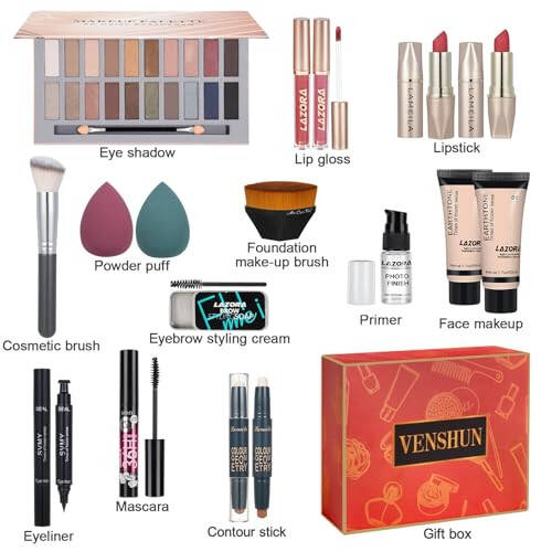 Kadınlar için All in One Makyaj Seti. Tam Set; Paleti, Fondöten ve Yüz Astarı, Makyaj Fırçası, Makyaj Süngeri, Kaş Sabunu, Kanatlı Eyeliner Damgası, 20 Renkli Göz Farı Seti içeriyor. Kadınlar, Kızlar ve Gençler için Hediye Seti. - 7