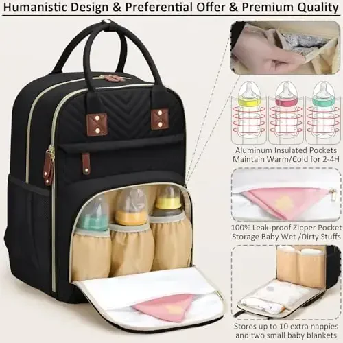 Tenot Diaper Bag Backpack for Women with Changing Pad, Baby Bag with Insulated Pockets Multifunctional Diaper Bags For Baby Girl Boy Waterproof Baby Bags For Boys Girls Maternity Bag Black - 2