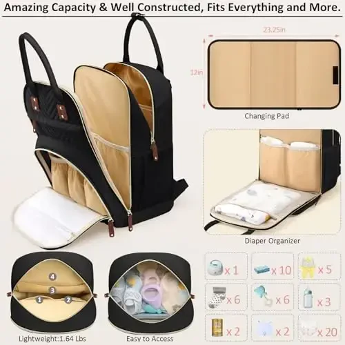 Tenot Diaper Bag Backpack for Women with Changing Pad, Baby Bag with Insulated Pockets Multifunctional Diaper Bags For Baby Girl Boy Waterproof Baby Bags For Boys Girls Maternity Bag Black - 3