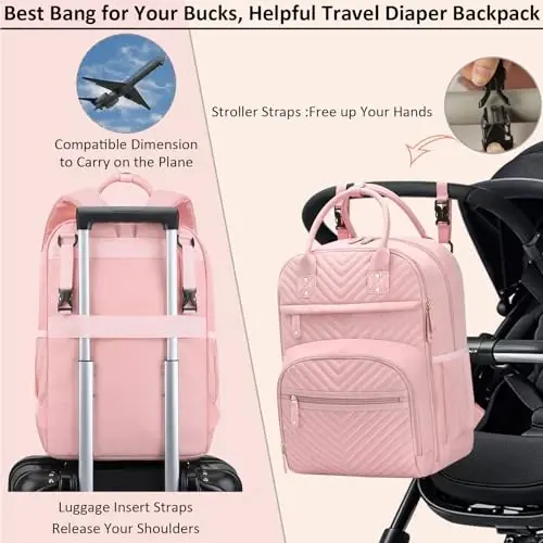 Kadınlar için Alt Değiştirme Minderli Tenot Bebek Bezi Çantası Sırt Çantası, Yalıtımlı Cepli Bebek Çantası Çok Fonksiyonlu Bebek Bezi Çantaları Kız Erkek Çocuk için Su Geçirmez Bebek Çantaları Erkek Kız Annelik Çantası Bebek Pembe - 4