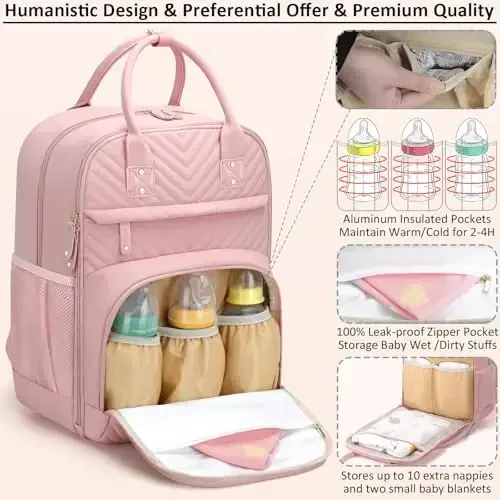 Tenot Diaper Bag Backpack for Women with Changing Pad, Baby Bag with Insulated Pockets Multifunctional Diaper Bags For Baby Girl Boy Waterproof Baby Bags For Boys Girls Maternity Bag Baby Pink - MODAZONE (1)
