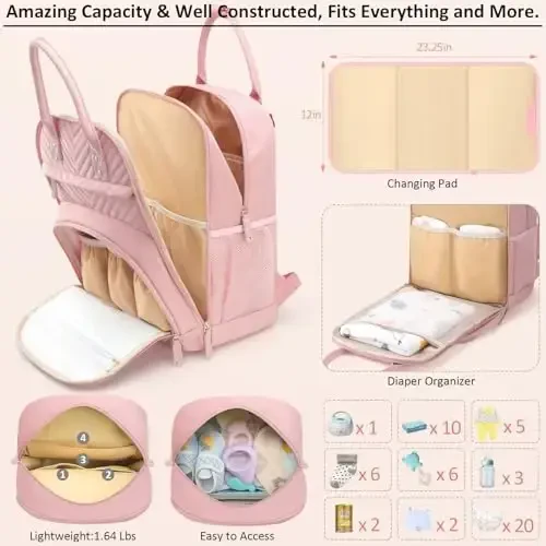Tenot Diaper Bag Backpack for Women with Changing Pad, Baby Bag with Insulated Pockets Multifunctional Diaper Bags For Baby Girl Boy Waterproof Baby Bags For Boys Girls Maternity Bag Baby Pink - 3