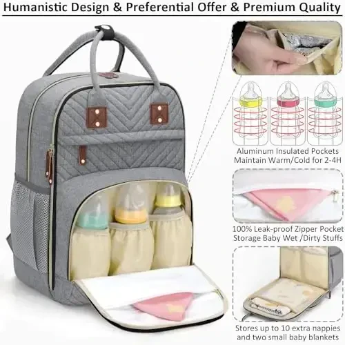 Tenot Diaper Bag Backpack for Women with Changing Pad, Baby Bag with Insulated Pockets Multifunctional Diaper Bags For Baby Girl Boy Waterproof Baby Bags For Boys Girls Maternity Bag Grey - 2