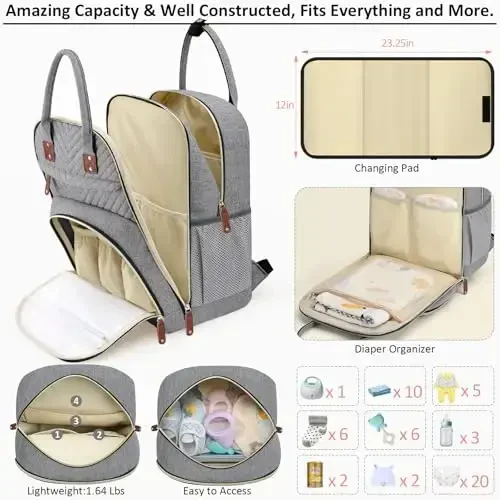 Tenot Diaper Bag Backpack for Women with Changing Pad, Baby Bag with Insulated Pockets Multifunctional Diaper Bags For Baby Girl Boy Waterproof Baby Bags For Boys Girls Maternity Bag Grey - 3