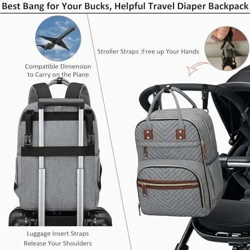 Kadınlar için Alt Değiştirme Minderli Tenot Bebek Bezi Çantası Sırt Çantası, Yalıtımlı Cepli Bebek Çantası Çok Fonksiyonlu Bebek Bezi Çantaları Kız Erkek Çocuk Su Geçirmez Bebek Çantaları Erkek Kız Çocuklar için Hamilelik Çantası Gri - 4