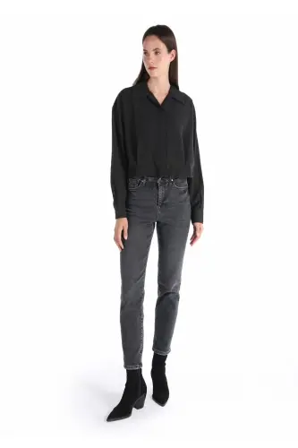 Regular Fit Shirt Neck Düz Kadın Antrasit Uzun Kol Gömlek - ANTRASİT - 3