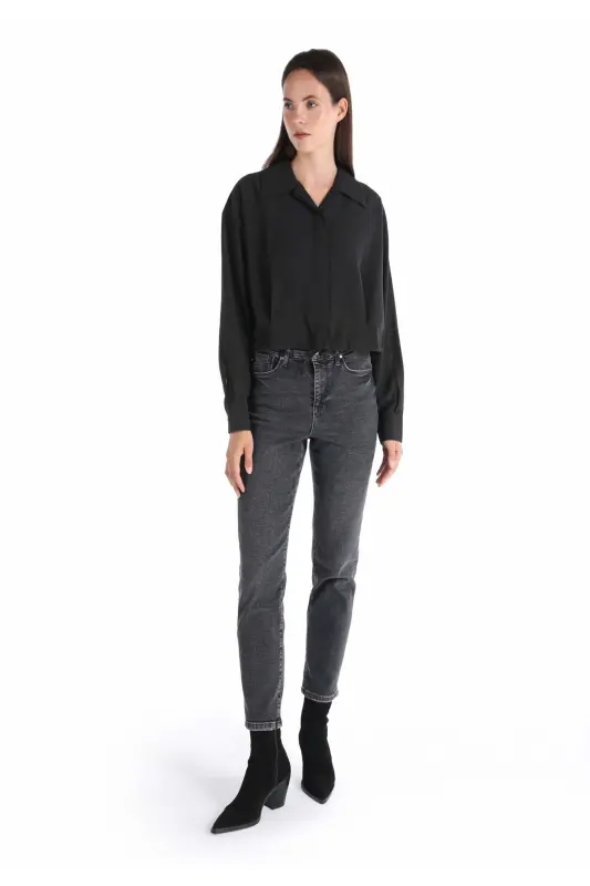 Regular Fit Shirt Neck Düz Kadın Antrasit Uzun Kol Gömlek - ANTRASİT - 3