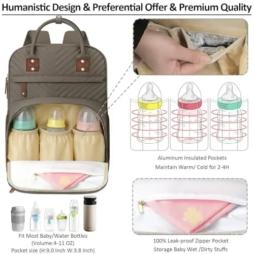 Diaper Bag Backpack Tote for Women Large Capacity, Baby Bag with Insulated Pockets Multifunctional Diaper Bags For Baby Girl Boy Waterproof Baby Bags For Boys Girls Maternity Bag khaki Brown - 2
