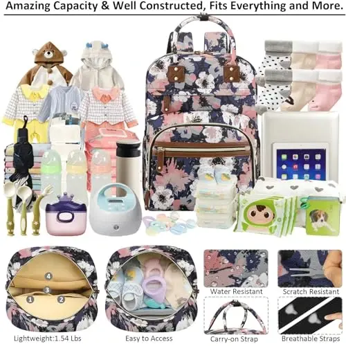 Diaper Bag Backpack Tote for Women Large Capacity, Multifunctional Waterproof Baby Bag with Insulated Pockets For Baby Girl Boy Mama, Maternity Bag Floral Painting - 3