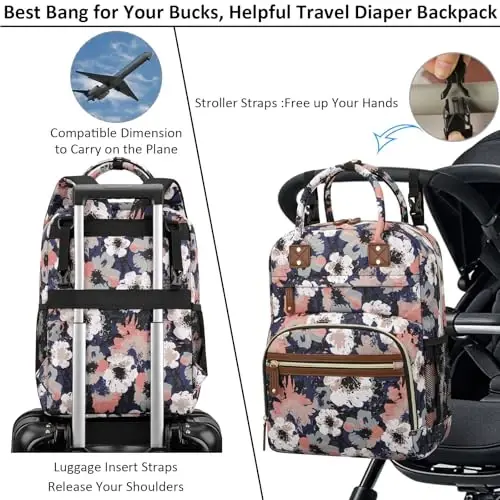 Diaper Bag Backpack Tote for Women Large Capacity, Multifunctional Waterproof Baby Bag with Insulated Pockets For Baby Girl Boy Mama, Maternity Bag Floral Painting - 4