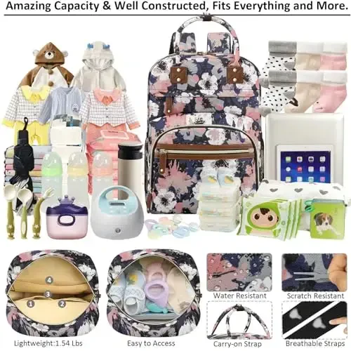 Diaper Bag Backpack Tote for Women Large Capacity, Multifunctional Waterproof Baby Bag with Insulated Pockets For Baby Girl Boy Mama, Maternity Bag Floral Painting - 3