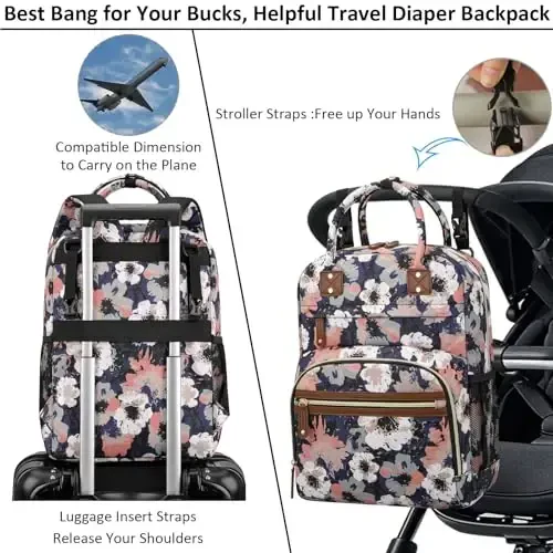 Diaper Bag Backpack Tote for Women Large Capacity, Multifunctional Waterproof Baby Bag with Insulated Pockets For Baby Girl Boy Mama, Maternity Bag Floral Painting - 4