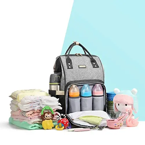 Kadınlar İçin Bebek Bezi Sırt Çantası, Kızlar İçin Bebek Çantaları, Bebek Bezi Çantası Bebek Bezi Değiştirme Pedi ve Yalıtımlı Ceplerle (Koyu Gri + Açık Gri) 