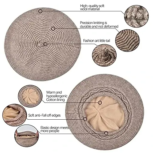 Beret Hat for Women, French Style Beanie Winter Fashion Warm Wool Lining Knit Cap - 3