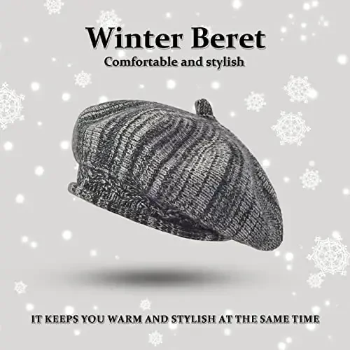 Beret Hat for Women, French Style Beanie Winter Fashion Warm Wool Lining Knit Cap - BERET (1)