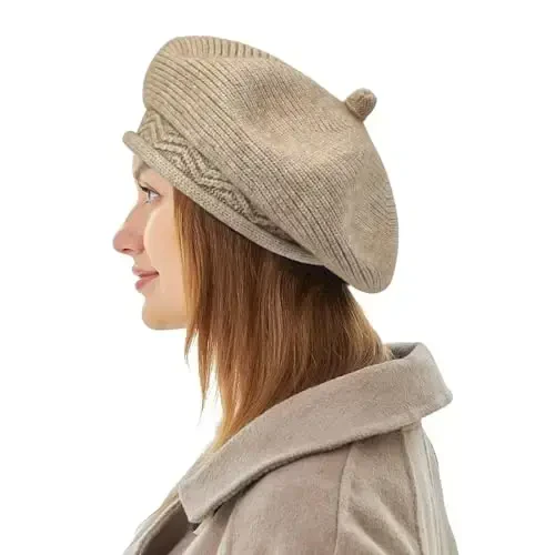 Beret Hat for Women, French Style Beanie Winter Fashion Warm Wool Lining Knit Cap 