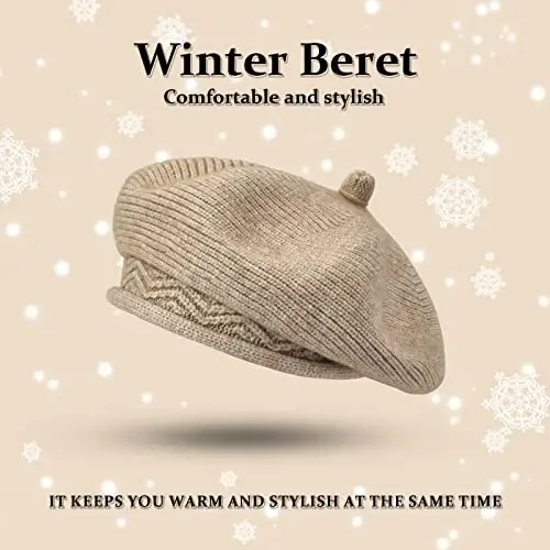 Beret Hat for Women, French Style Beanie Winter Fashion Warm Wool Lining Knit Cap - BERET (1)
