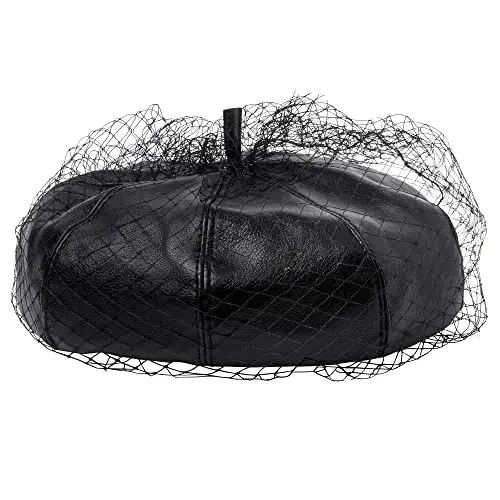 Beret Hats for Women PU Leather Newsboy Fiddler Cap with Veil Casual Baker Boy Captain Hat - 1