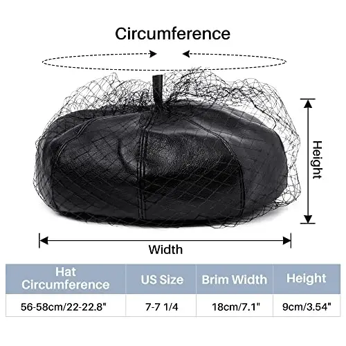 Beret Hats for Women PU Leather Newsboy Fiddler Cap with Veil Casual Baker Boy Captain Hat - 2