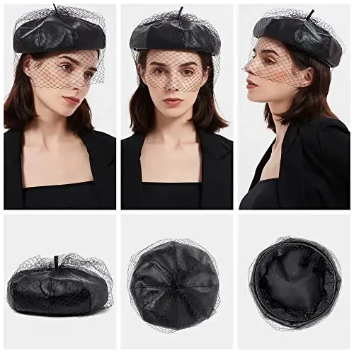 Beret Hats for Women PU Leather Newsboy Fiddler Cap with Veil Casual Baker Boy Captain Hat - 6