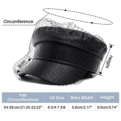 Beret Hats for Women PU Leather Newsboy Fiddler Cap with Veil Casual Baker Boy Captain Hat - SAJUZEN (1)