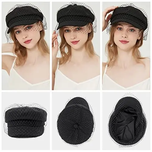 Beret Hats for Women PU Leather Newsboy Fiddler Cap with Veil Casual Baker Boy Captain Hat - 6