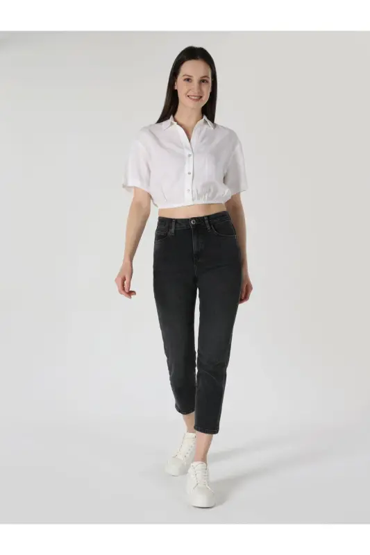 Regular Fit Shirt Neck Düz Kadın Beyaz Kısa Kol Gömlek - 3