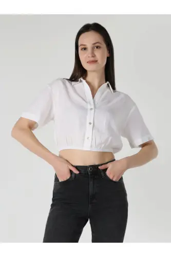 Regular Fit Shirt Neck Düz Kadın Beyaz Kısa Kol Gömlek - 5
