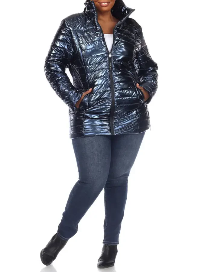 White Mark Women's Plus Size Metallic Puffer Coat- - 2