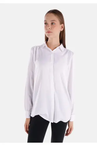 Regular Fit Shirt Neck Düz Kadın Beyaz Uzun Kol Gömlek - BEYAZ - 1