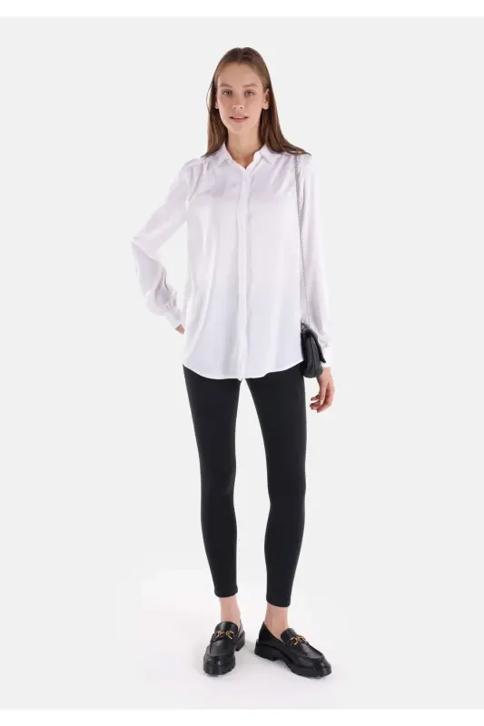 Regular Fit Shirt Neck Düz Kadın Beyaz Uzun Kol Gömlek - BEYAZ - 3
