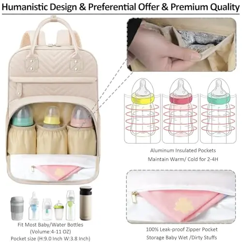 Diaper Bag Backpack Tote for Women Large Capacity, Baby Bag with Insulated Pockets Multifunctional Diaper Bags For Baby Girl Boy Waterproof Baby Bags For Boys Girls Maternity Bag Beige - 2