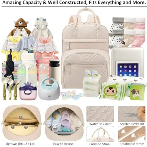Diaper Bag Backpack Tote for Women Large Capacity, Baby Bag with Insulated Pockets Multifunctional Diaper Bags For Baby Girl Boy Waterproof Baby Bags For Boys Girls Maternity Bag Beige - 3