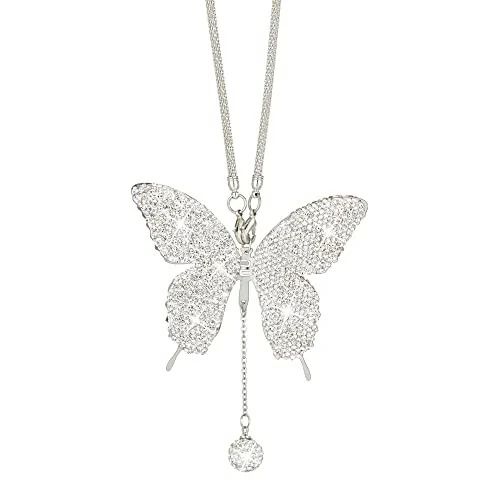 Bling Butterfly Diamond Car Accessories - Crystal Rear View Mirror Charms for Women, Valentine's Day Gifts - Silver - Bling