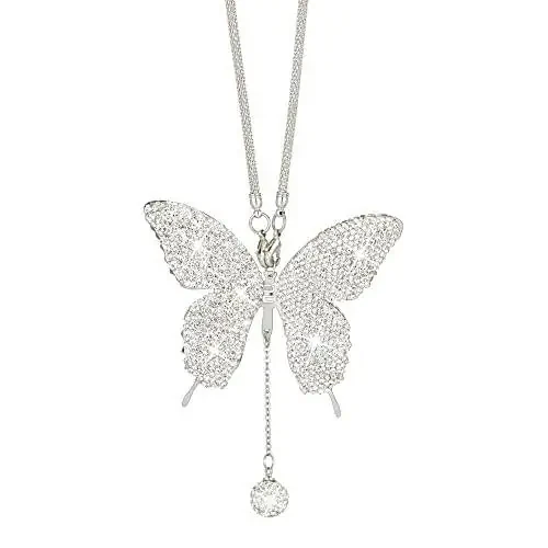 Bling Butterfly Diamond Car Accessories - Crystal Rear View Mirror Charms for Women, Valentine's Day Gifts - Silver - 1