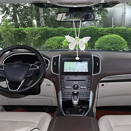 Bling Butterfly Diamond Car Accessories - Crystal Rear View Mirror Charms for Women, Valentine's Day Gifts - Silver - 3