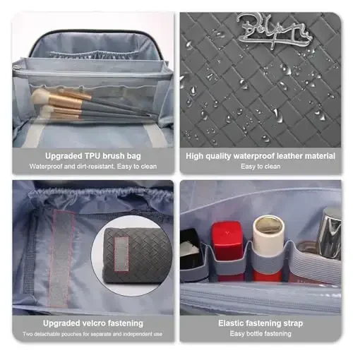 BOYATU Travel Makeup Bags for Women: 3 Piece Make up Bags Set - Large Cosmetic Bag - Vegan Leather Makeup Organizer - Portable Toiltery Bag with Divider & Handle (L05 Grey) - 4